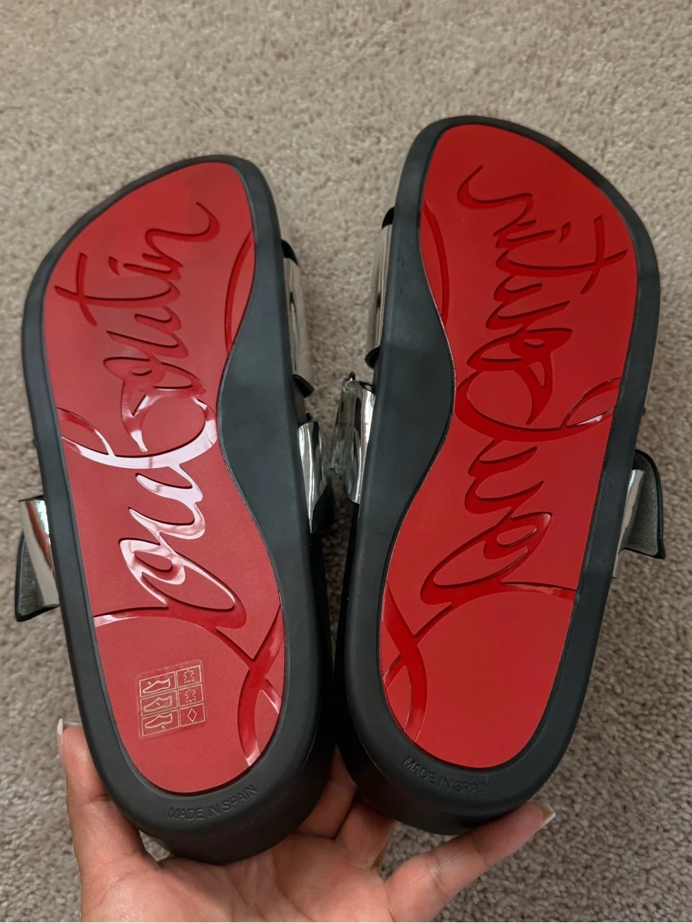 Christian Louboutin Silver Leather Slide Sandals with Red Toe Accent